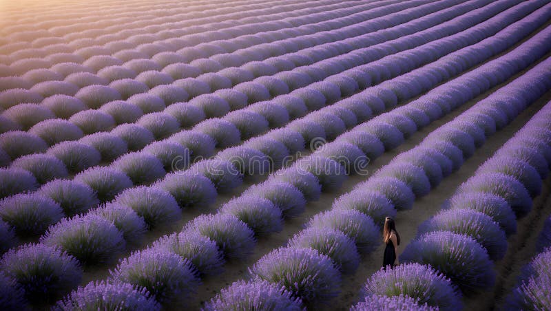 Kvinna i svart klänning mellan lavender Rows vid Sunset vektor illustrationer