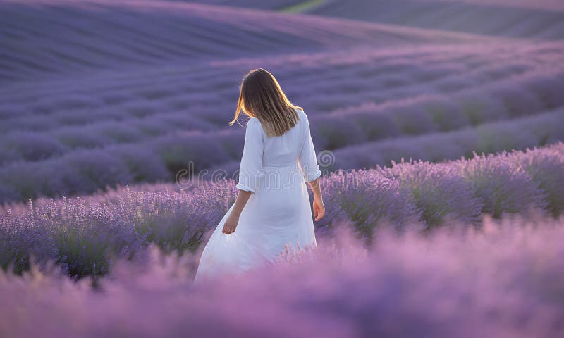 Kvinna i vit klänning går i expansiv lila lavender field stock illustrationer