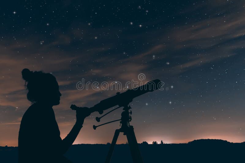 Woman with astronomical telescope. Night sky, with clouds and constellations, Hercules, Draco, Ursa Major, Ursa Minor, Big Dipper, Botes. Woman with astronomical telescope. Woman with astronomical telescope. Night sky, with clouds and constellations, Hercules, Draco, Ursa Major, Ursa Minor, Big Dipper, Botes. Woman with astronomical telescope.