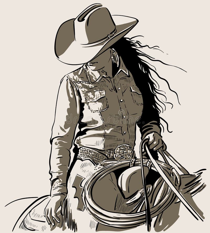 Kvinna med en cowboy-hatt Cowboy-flicka som rider häst med lasso Bild på handritad vektor