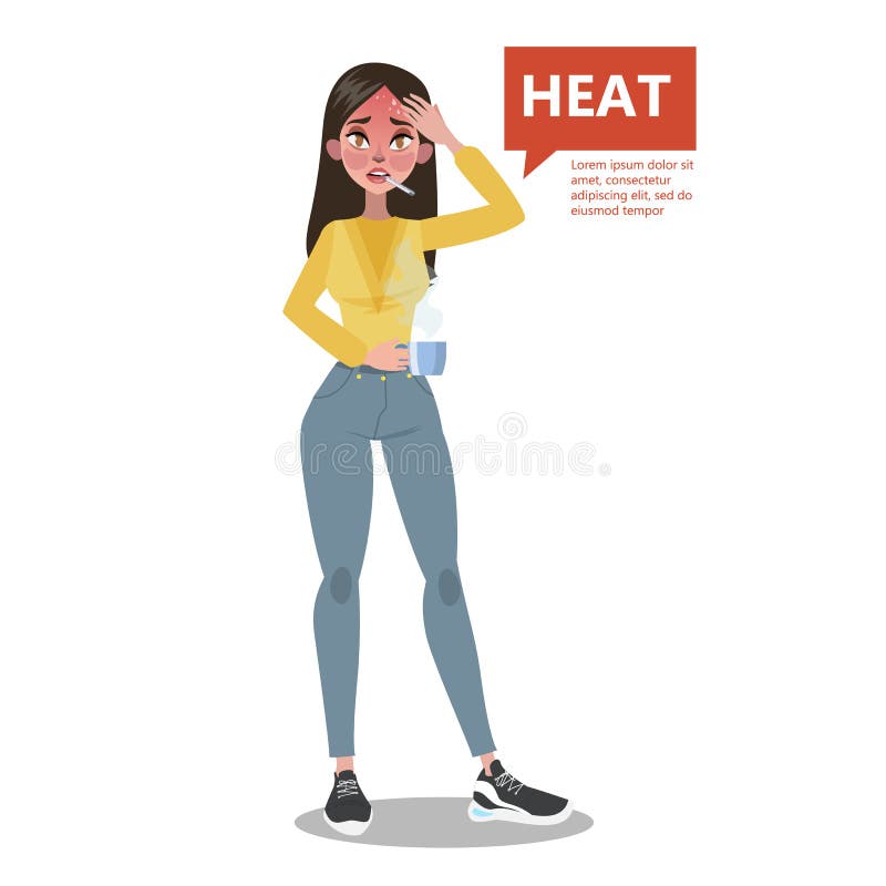 Kvinna med en hög temperatur som ett tecken av influensa vektor illustrationer Kvinna med en hög temperatur som ett tecken av influensa vektor illustrationer