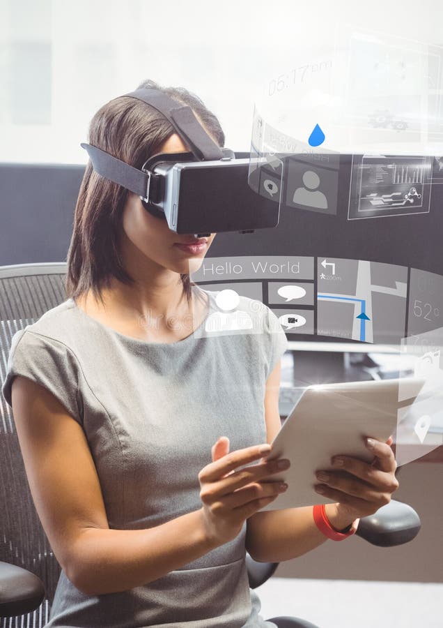 Kvinna med minnestavlan som bär VR-virtuell verklighethörlurar med mikrofon med manöverenheten vektor illustrationer Kvinna med minnestavlan som bär VR-virtuell verklighethörlurar med mikrofon med manöverenheten vektor illustrationer