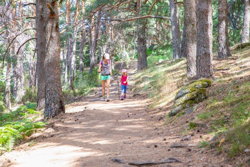 Kvinna och liten flicka med trekkkingstift som går på en gångbana i skogen nära madrid royaltyfria foton