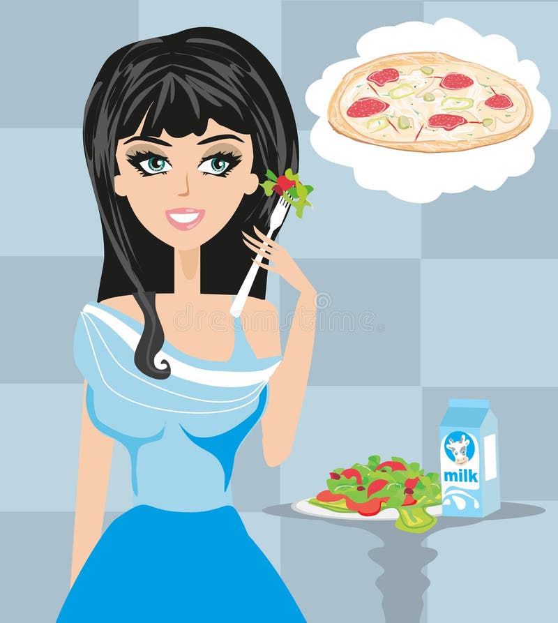 Kvinna på en banta som drömmer av pizza vektor illustrationer Kvinna på en banta som drömmer av pizza vektor illustrationer