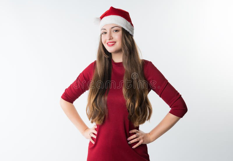 Kvinna som bär den röda Santa Claus hatten arkivbild Kvinna som bär den röda Santa Claus hatten arkivbild