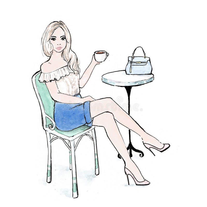Kvinna som dricker kaffe på trottoarkafét i Paris med den utsmyckade handväskan - vattenfärgmodeillustration vektor illustrationer Kvinna som dricker kaffe på trottoarkafét i Paris med den utsmyckade handväskan - vattenfärgmodeillustration vektor illustrationer