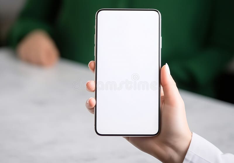 Generative AI : woman holding smart phone with blank desktop screen while sitting in front of her laptop. business concept. Generative AI : woman holding smart phone with blank desktop screen while sitting in front of her laptop. business concept.