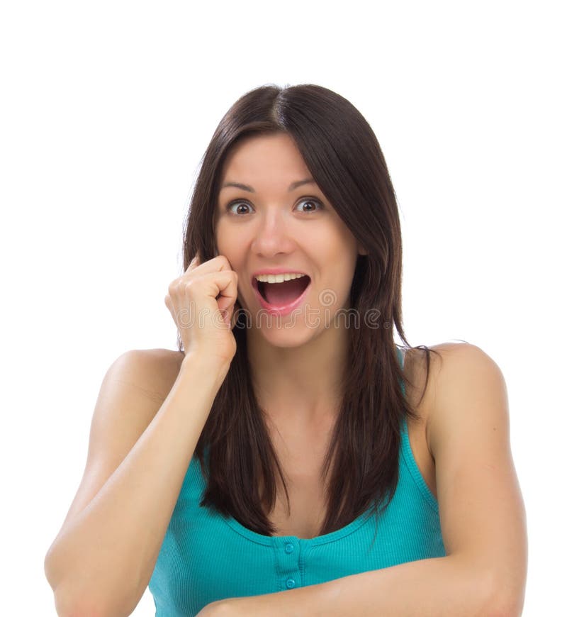Happy woman calling on the phone screaming and yelling isolated on a white background. Happy woman calling on the phone screaming and yelling isolated on a white background