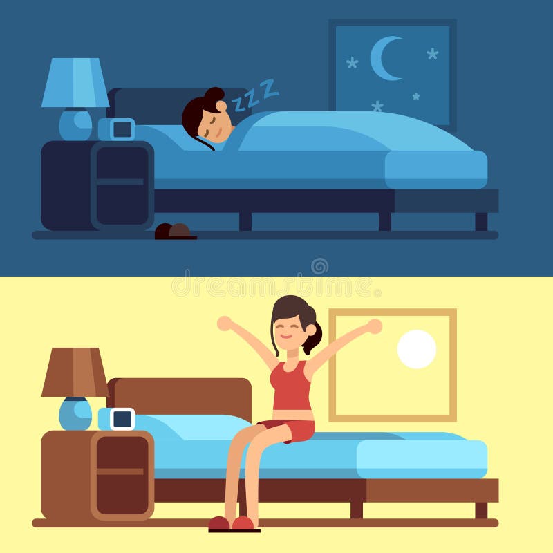 Woman sleeping waking up. Girl relaxing bedroom night, awake morning stretching sitting on mattress. Female good sleep vector set. Woman sleeping waking up. Girl relaxing bedroom night, awake morning stretching sitting on mattress. Female good sleep vector set