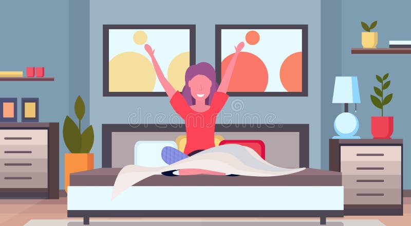 Kvinna som sträcker armar som vaknar upp i morgonflickan som sitter på säng, når att ha fått upp tillfredsställelsebegrepp modern vektor illustrationer