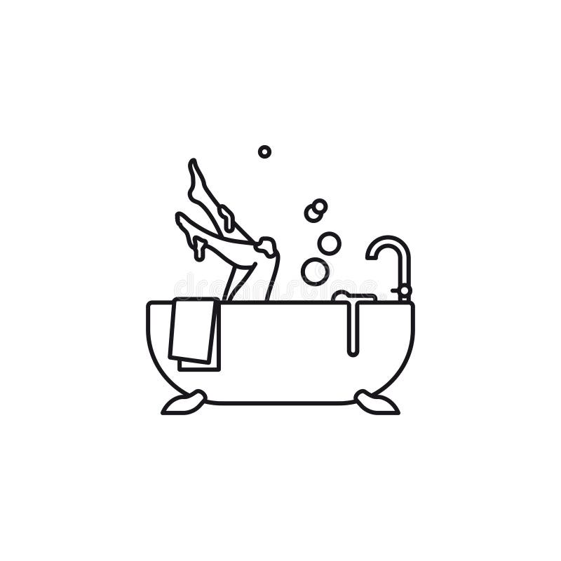 Kvinna som sträcker ut benen ur bathtub-vektorlinjeikon stock illustrationer