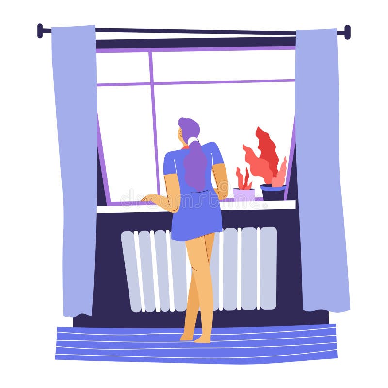 Kvinna som tittar ut genom fönstret från hemvektorn vektor illustrationer