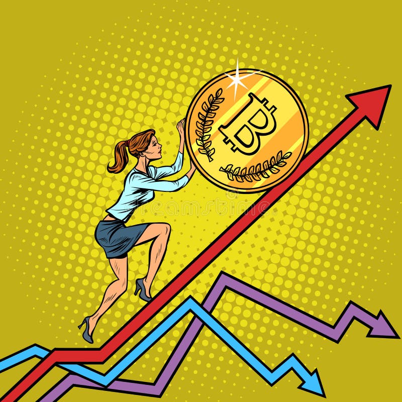 Kvinnaaffärskvinnarulle ett bitcoinmynt upp vektor illustrationer