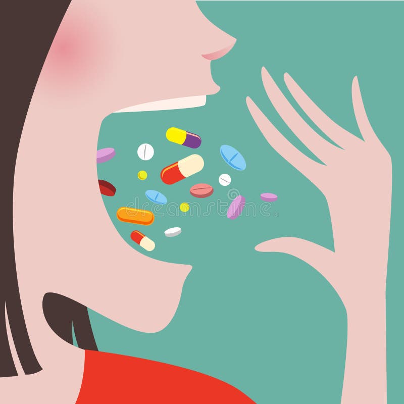 Kvinnakast många preventivpillerar in till hennes mun