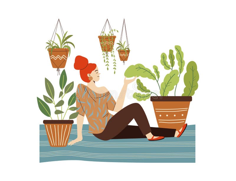 Kvinnan beundrar husväxter som sitter på golvet i en bild av platta vektorer..