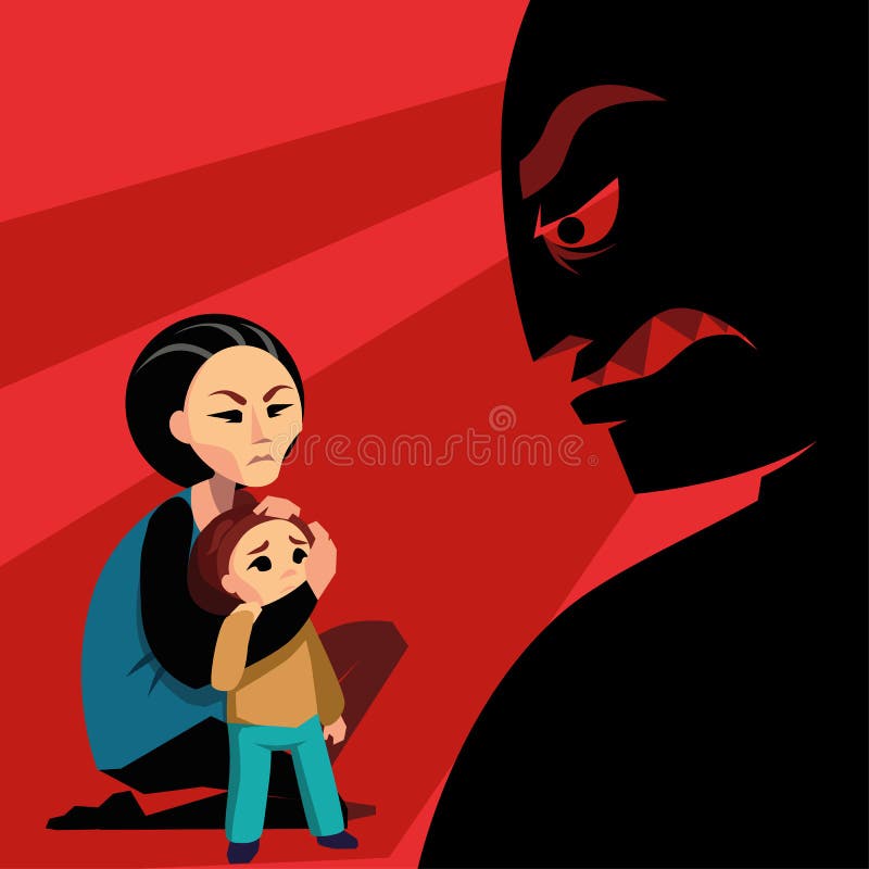 Woman hides the child from aggressive male silhouette. Woman hides the child from aggressive male silhouette