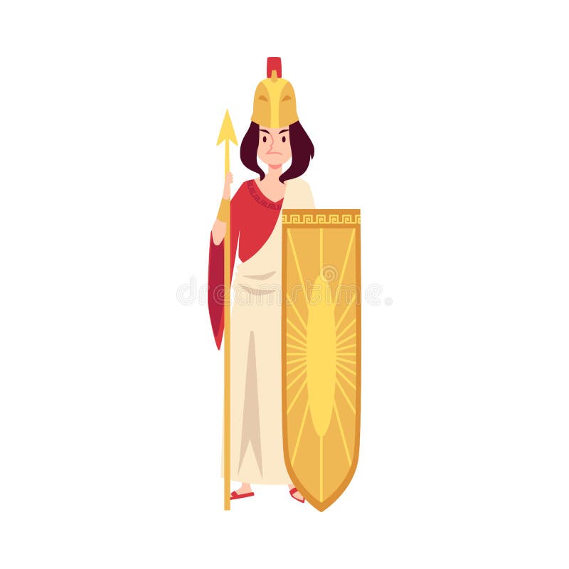 Kvinnan eller Athena Greek Goddess står rymma spjut- och sköldtecknad filmstil vektor illustrationer Kvinnan eller Athena Greek Goddess står rymma spjut- och sköldtecknad filmstil vektor illustrationer