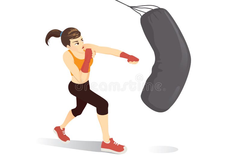 Kvinnan försökte en cardio boxninggenomkörare med slag en tung påse stock illustrationer Kvinnan försökte en cardio boxninggenomkörare med slag en tung påse stock illustrationer
