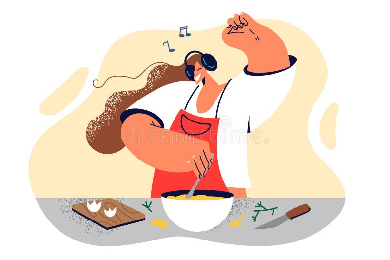 Kvinnan hemmafru lagar frukost frukosten och dansar lyssna på den fantastiska musiken och njuta av helgmorgon stock illustrationer
