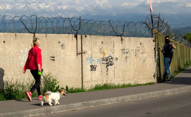 Kvinnan med en hund promenerar ett staket med försett med en hulling - tråd royaltyfria foton Kvinnan med en hund promenerar ett staket med försett med en hulling - tråd royaltyfria foton