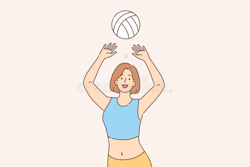 Kvinnan spelar volleyball tossing ball för att klara eller nå mål till motståndare och vinna turnering stock illustrationer