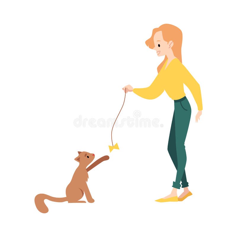 Kvinnaställningar som spelar med katten vid stil för kuggfrågaleksaktecknad film vektor illustrationer Kvinnaställningar som spelar med katten vid stil för kuggfrågaleksaktecknad film vektor illustrationer