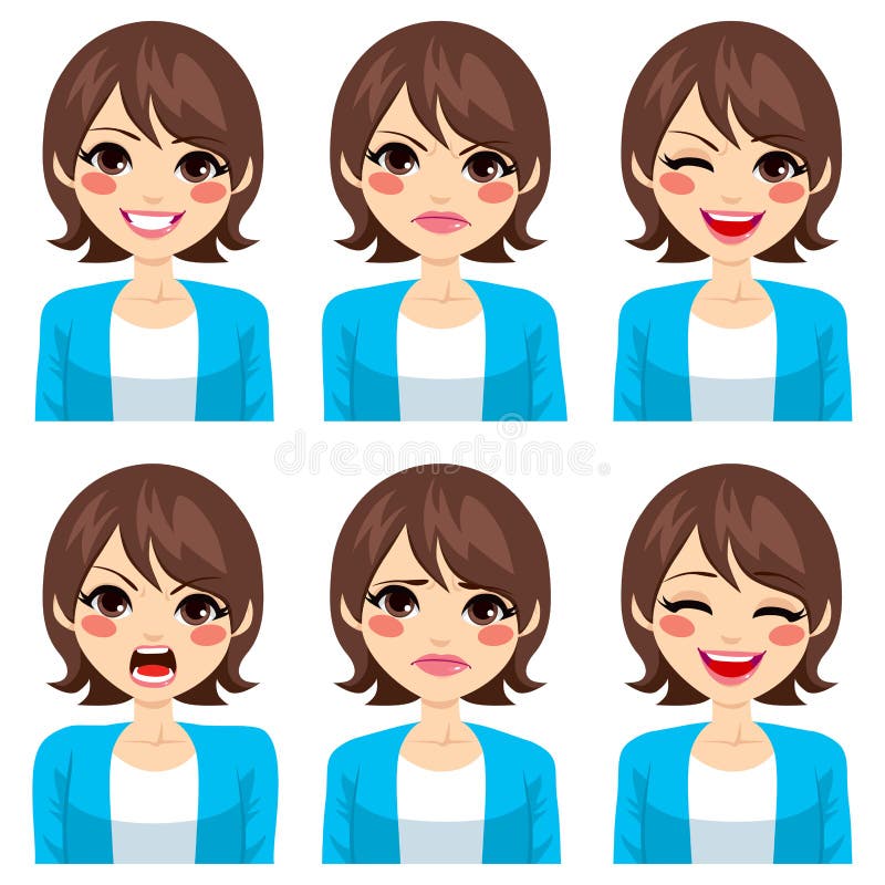 Attractive young brunette woman on six different face expressions set. Attractive young brunette woman on six different face expressions set