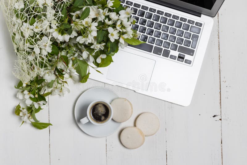 Kvinnlig affärsidé med bärbara datorn, vårblommabuketten och kvinnas händer som rymmer koppen av varmt te eller kaffe arkivbilder Kvinnlig affärsidé med bärbara datorn, vårblommabuketten och kvinnas händer som rymmer koppen av varmt te eller kaffe arkivbilder