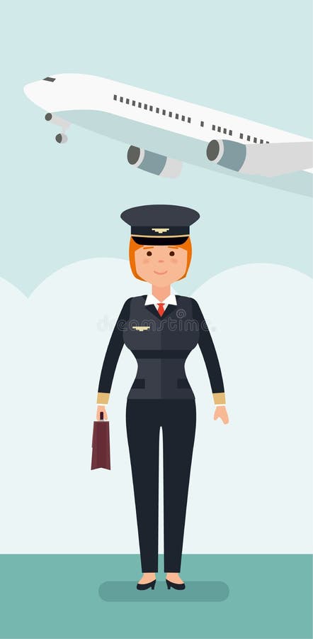 Kvinnlig civilflygpilot i bakgrunden av nivån och flygplatsen vektor illustrationer Kvinnlig civilflygpilot i bakgrunden av nivån och flygplatsen vektor illustrationer