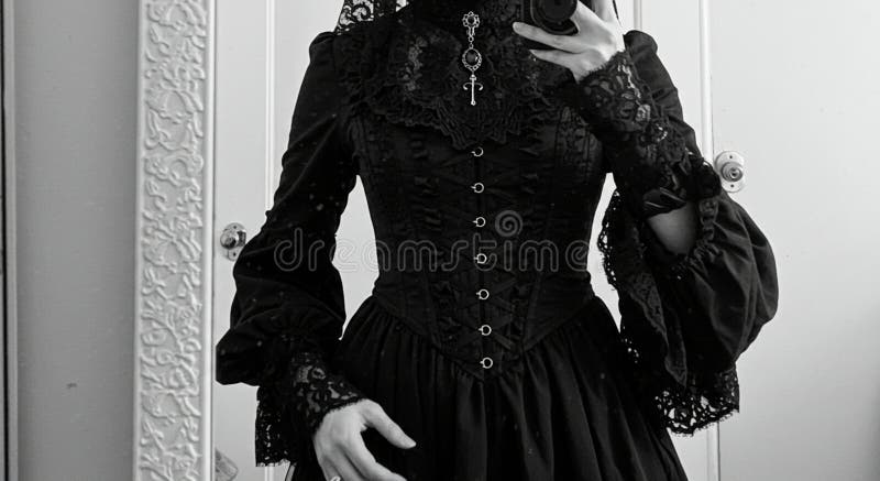 Kvinnlig figur i en guthic Victorianstyle-klänning med en intrikat lace-kod och detaljer om och stock illustrationer