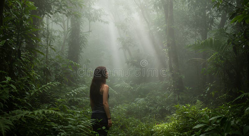 Kvinnlig Gazing vid Sunbeams i en Lush Foggy Rainforest royaltyfri illustrationer