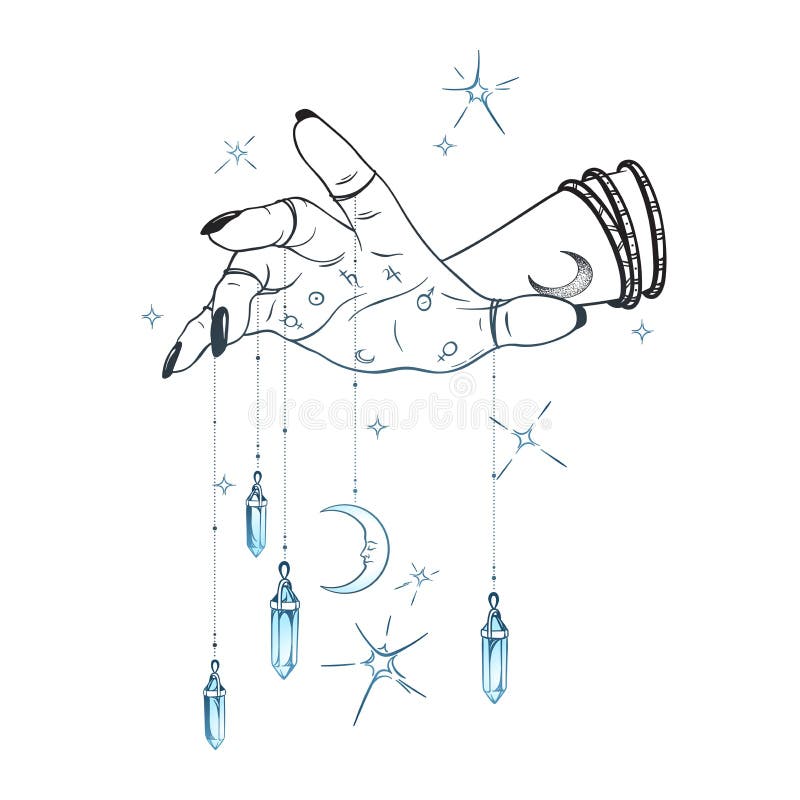 Kvinnlig hand med ädelstenhängear och illustrationen för vektor för månehand den utdragna Den Boho skyler den chic astrologitatue