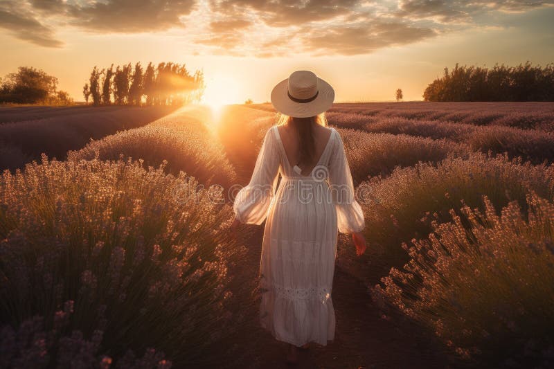 Kvinnlig lavender sunset. generera ai royaltyfri illustrationer