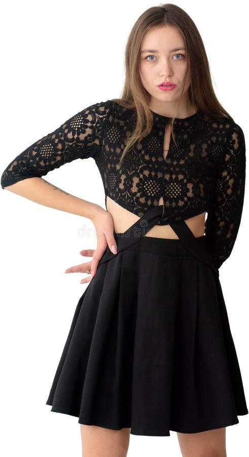 Kvinnlig modellering av en kort svart tryckfärgning med en lace-överkant och självmörker för en fashion-fotobild arkivbild