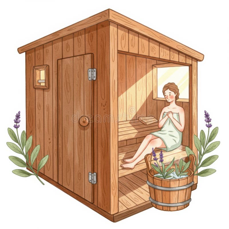 Kvinnlig relaxering i en utomhussuna av trä med lavender vektor illustrationer