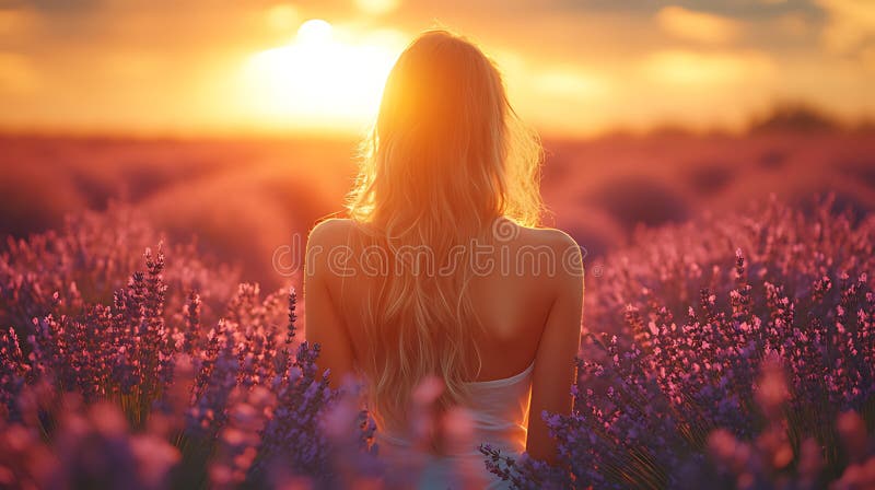 Kvinnlig solnedgång lavender field Provence-freden stock illustrationer