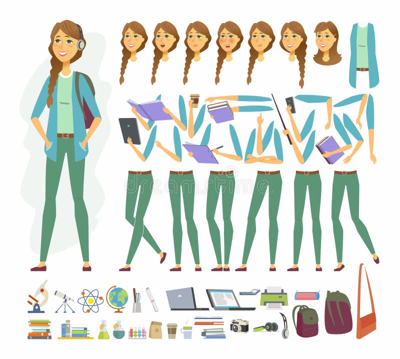 Kvinnlig student - konstruktör för tecken för vektortecknad filmfolk vektor illustrationer Kvinnlig student - konstruktör för tecken för vektortecknad filmfolk vektor illustrationer