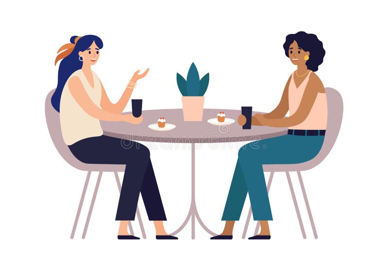 Women friends. Cafe meeting with friends. Girls sitting in restaurant at table and communicating. Characters drinking coffee and eating cupcakes. Spending leisure vector illustration. Women friends. Cafe meeting with friends. Girls sitting in restaurant at table and communicating. Characters drinking coffee and eating cupcakes. Spending leisure vector illustration