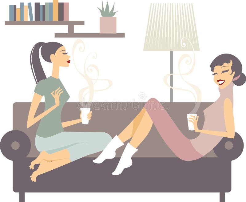 Kvinnliga vänner med kaffekoppar som hemma talar vektor illustrationer Kvinnliga vänner med kaffekoppar som hemma talar vektor illustrationer