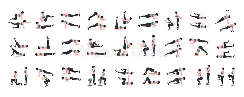 Kvinnliga workout-uppsättning. Kvinnor som tränar och yoga. Pingshups squats dumbbell rows burpees side planks (AR g)