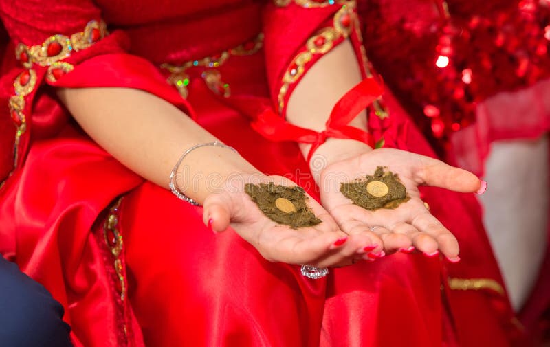 Kvinnlighänder färgade dekorativt vid henna med koppen Rym en bunke med kokosnöten under henne händer Blandande henna för hår Nat arkivbild Kvinnlighänder färgade dekorativt vid henna med koppen Rym en bunke med kokosnöten under henne händer Blandande henna för hår Nat arkivbild
