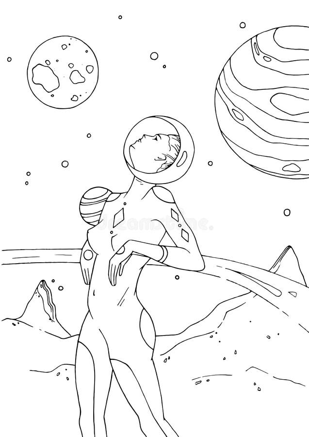 Kvinnligt för utrymmedräkt för kosmonaut eller för astronaut iklätt anseende på yttersida av den öde planeten och att se upp flic stock illustrationer Kvinnligt för utrymmedräkt för kosmonaut eller för astronaut iklätt anseende på yttersida av den öde planeten och att se upp flic stock illustrationer
