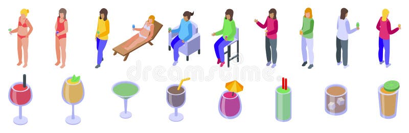 Kvinnodrinkikonikoner för isometrisk vektor. modern flicka stock illustrationer