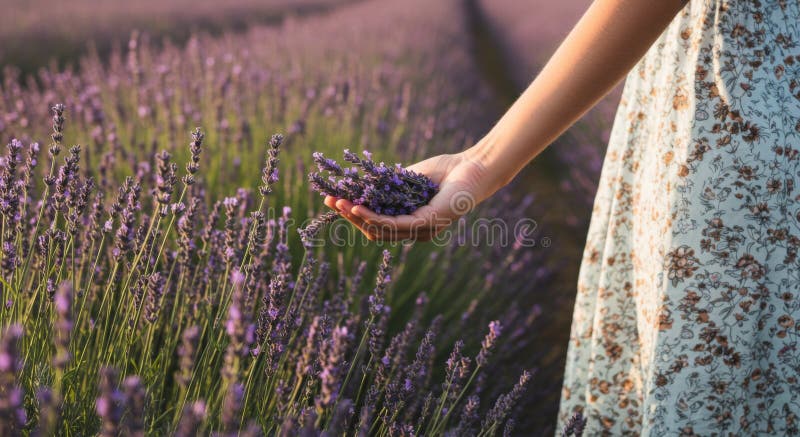 Kvinnor i Floral Dress Holding Lavender i ett lila fält royaltyfri illustrationer