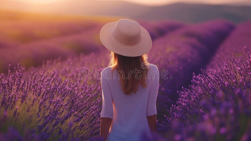 Kvinnor i Lavender Field vid Sunset stock illustrationer