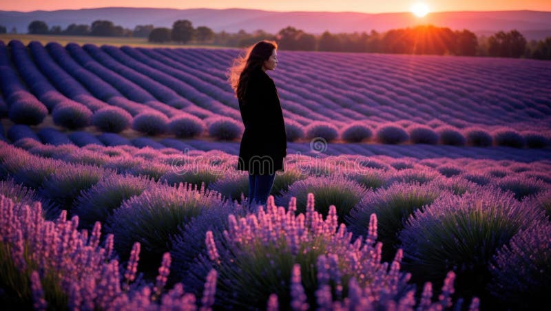 Kvinnor i Lavender Field vid Sunset royaltyfri illustrationer