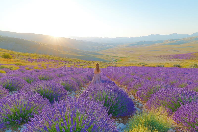 Kvinnor i Lavender Field vid Sunset : Serene liggande vektor illustrationer
