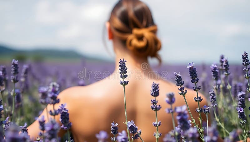Kvinnor i lavender-fält tillbaka ser lila blommor sommarnatur fredliga Stock Photo Generative AI. En kvinnas fredliga sommarplats i ett lavandefält från baksidan omgiven av lila blommor som är idealiska för naturresor och avslappning: projekt och visualer som ger fred och lugnande. Aktiefotogenerativ AI