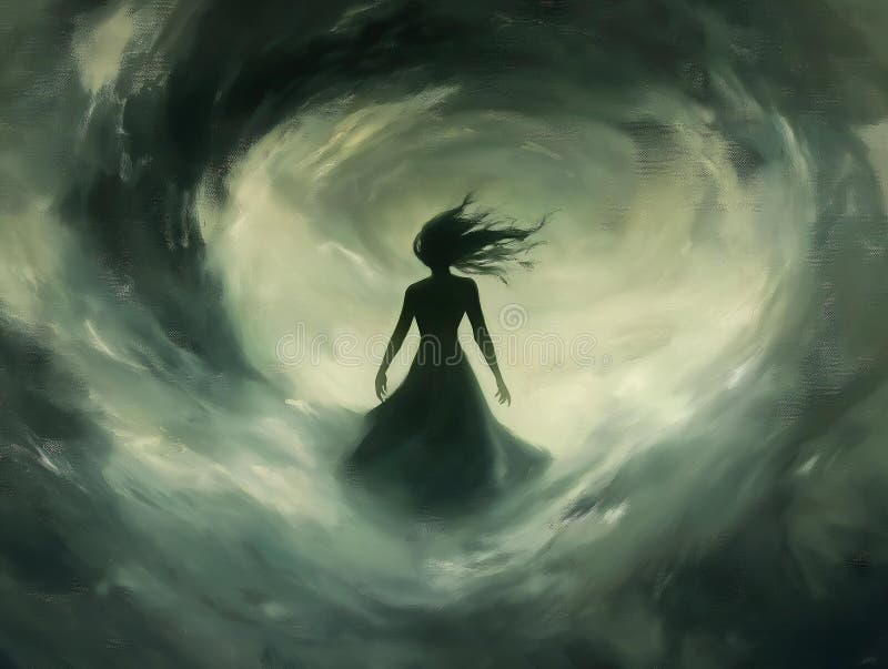 Kvinnor i virvel vid mörka kläder, mystisk energi, atmosfärisk effektscen. vektor illustrationer