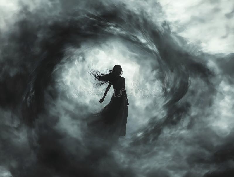 Kvinnor i virvel vid mörka kläder, mystisk energi, atmosfärisk effektscen. vektor illustrationer
